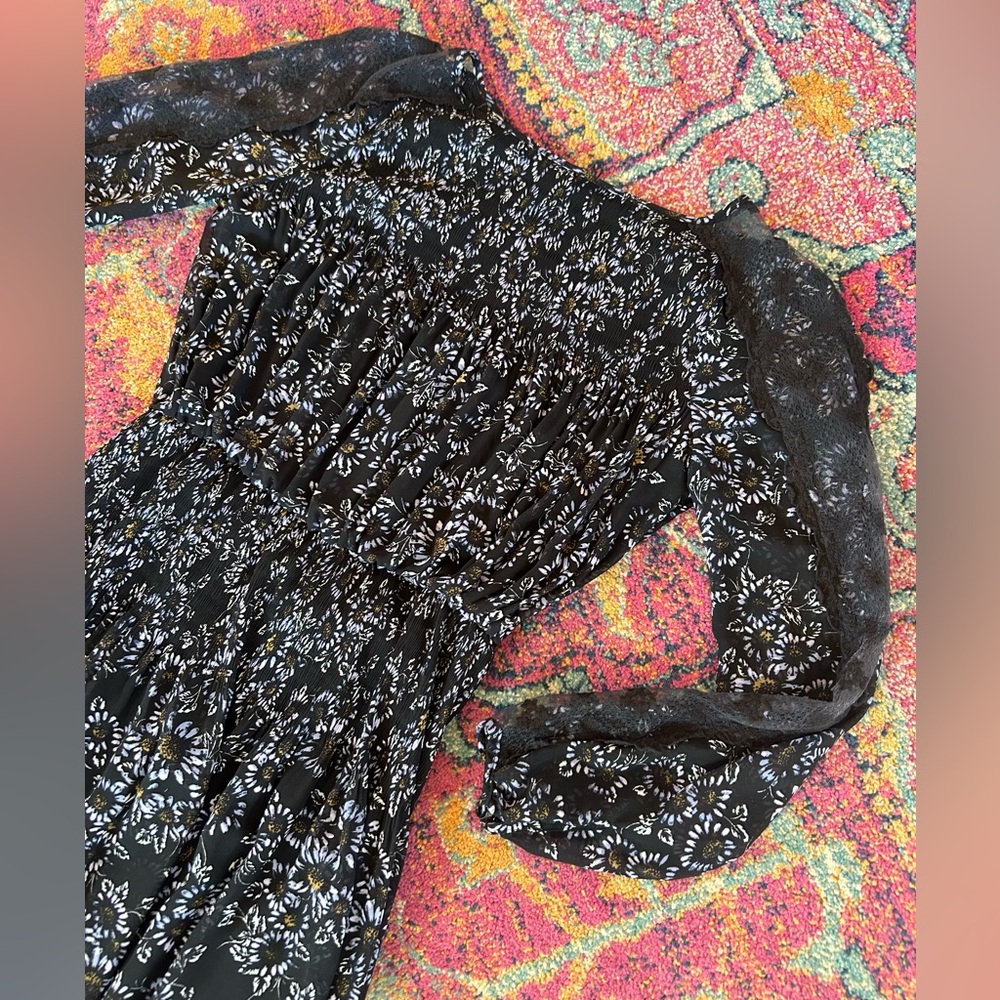 Free People | Women’s Black Floral Long Lace Sleeve Crewneck Dress Size S - Picture 8 of 15